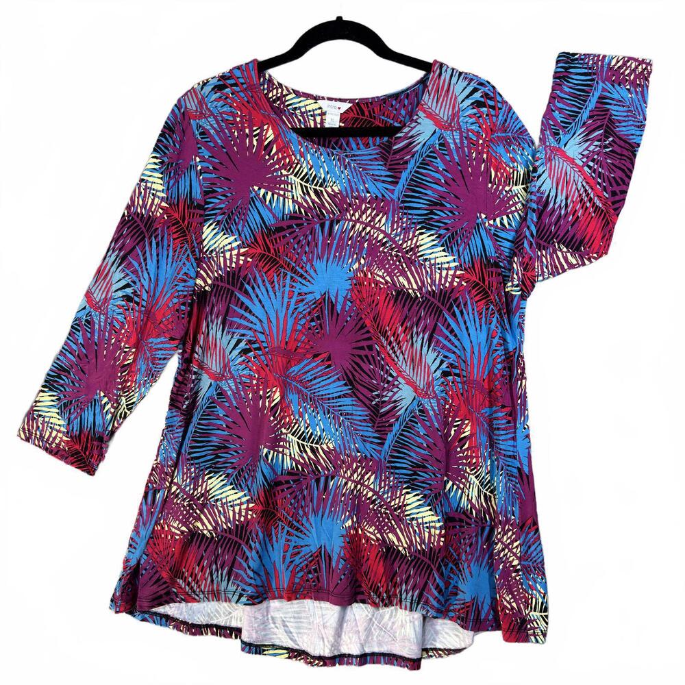 Intro Women's Stretch Blouse XL Multi-Color Palm Print Tropical Pink‎ Blue